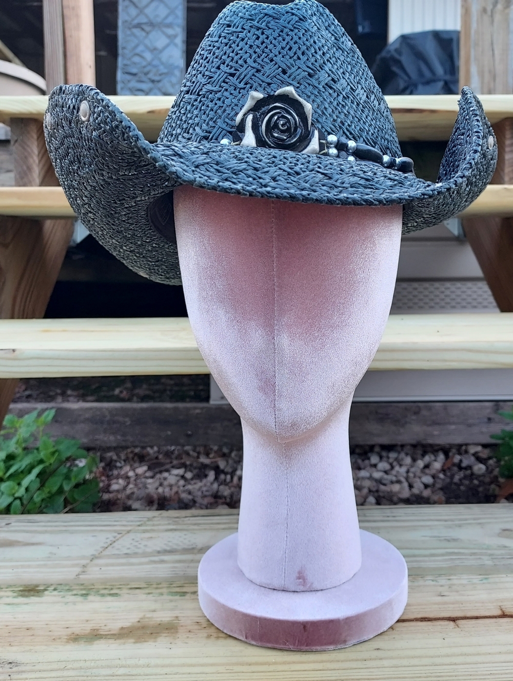 Women's Black Straw Cowboy Hat with Rose Accent
